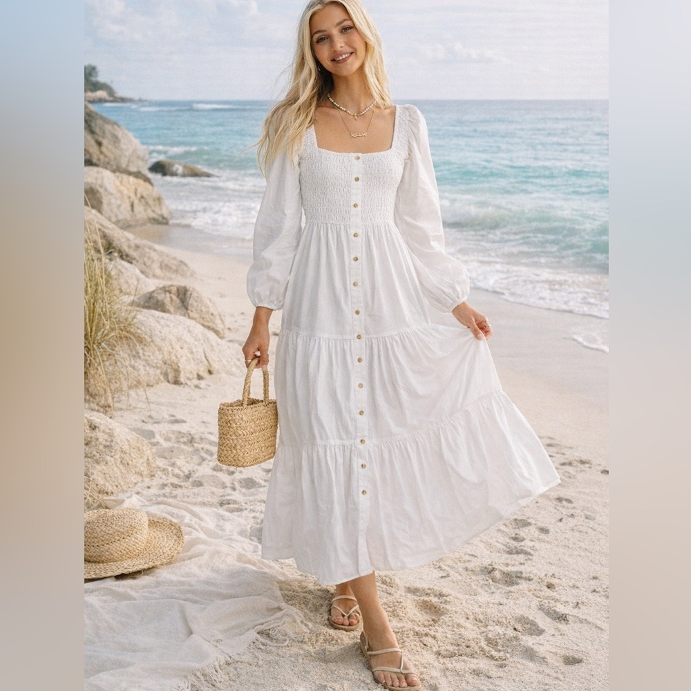 NWOT ASOS White Smocked Peasant‎ Cottagecore Square Neck Maxi Dress Women’s Sz 6